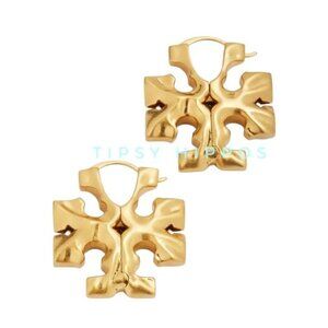 TORY BURCH GOLD ROXANNE HIDDEN LOGO HOOP EARRINGS